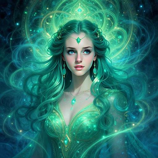 Mystical Woman in Emerald Fantasy Digital Artwork