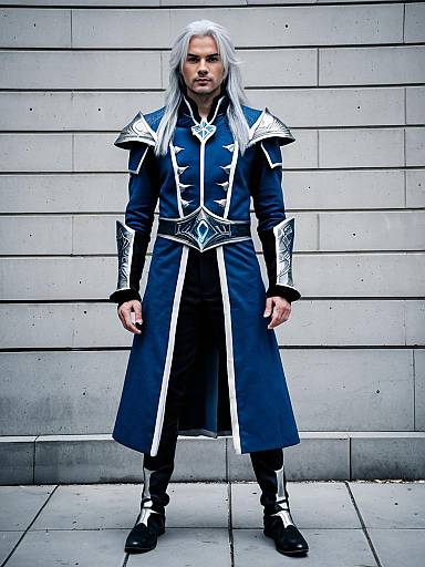Man in Detailed Blue Fantasy Armor Costume with White Hair