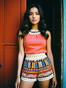 Young Woman in Vibrant Coral Pink Blouse and Tribal Patterned Shorts