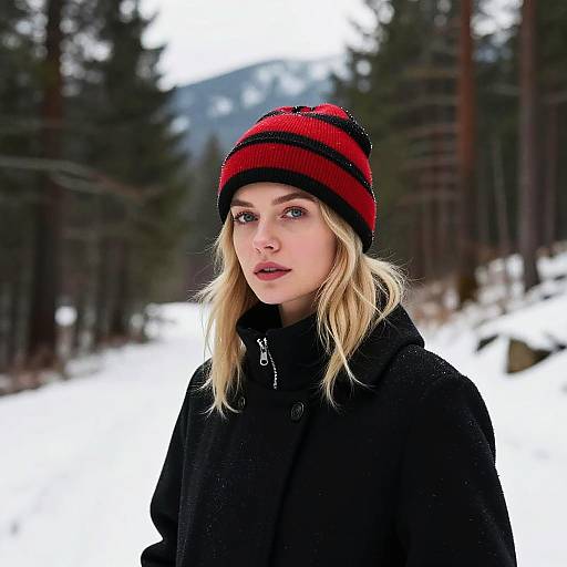 Young Woman in Red and Black Beanie in Snowy Forest