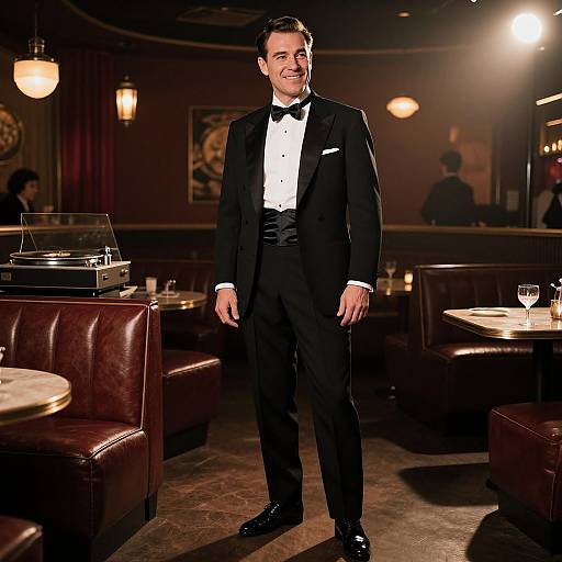 Elegant Man in Classic Black Tuxedo at Vintage Lounge Bar