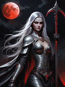 Fantasy Warrior Woman with White Hair and Red Moon in Gothic Armor