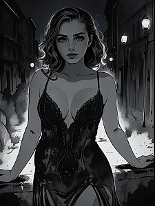 Elegant Woman in Black Gown - Mysterious Urban Art