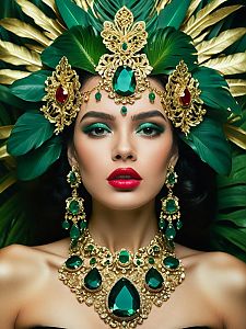 Woman in Gold Jewelry with Green Gemstones and Regal Headdress