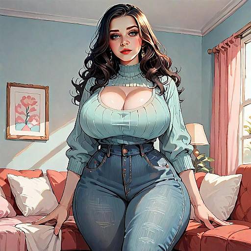 Stylized Digital Illustration of Woman in Cropped Sweater and Jeans in Living Room