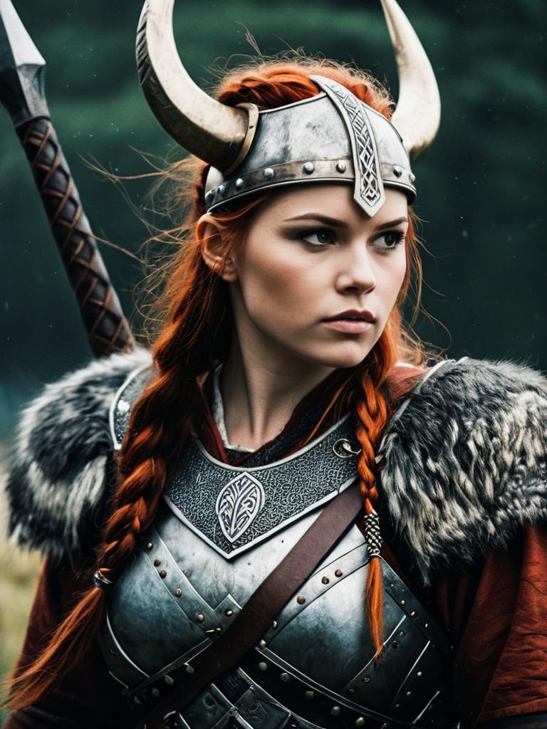 Photorealistic Viking Woman Warrior Cosplay Portrait with Horned Helmet Photorealistic Viking Woman Warrior Cosplay Portrait with Horned Helmet