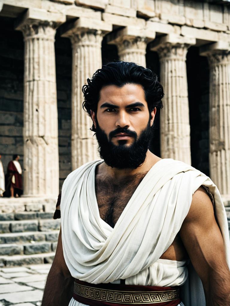 Man in Greek God Costume with Beard Standing by Ancient Columns