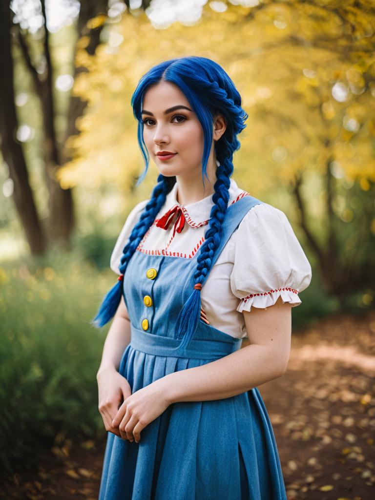 Young Woman with Blue Braided Hair in Vintage Blue Dress Outdoors