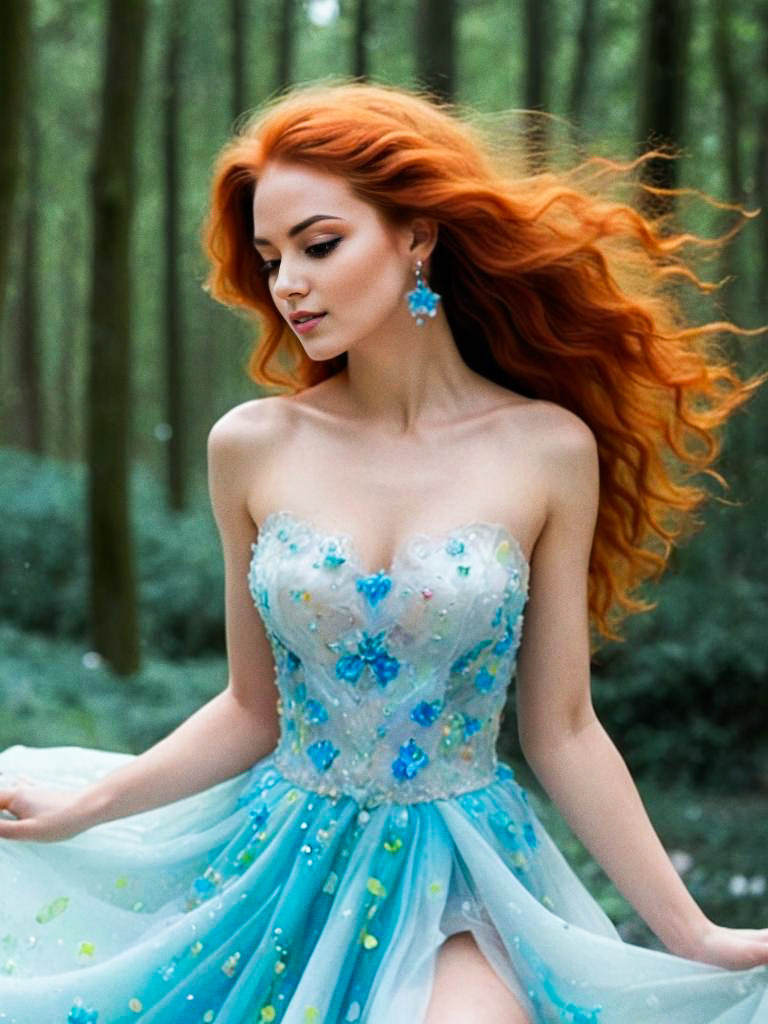 Elegant Young Woman in Floral Dress in Enchanting Forest