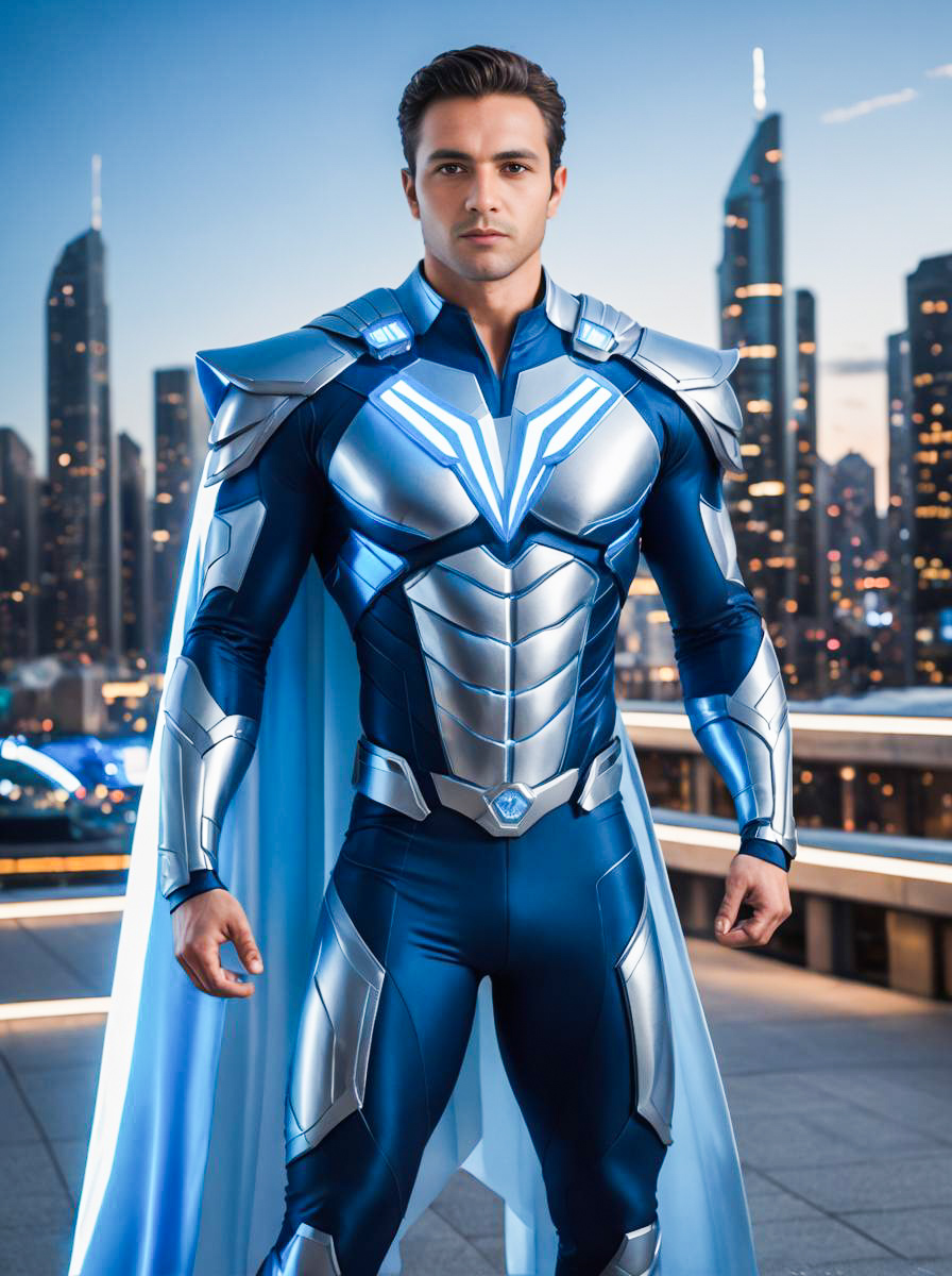 Confident Male Superhero in Futuristic City