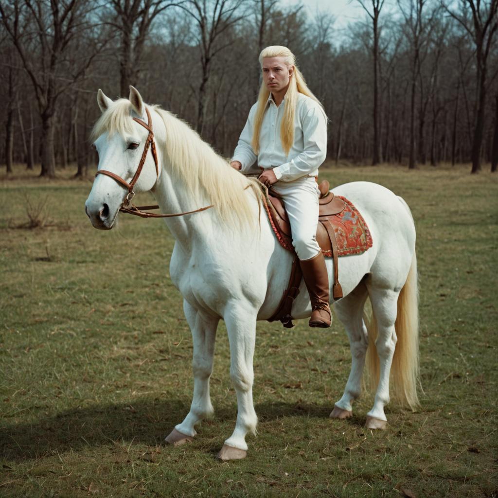 Man with Long Hair Riding Albino Horse