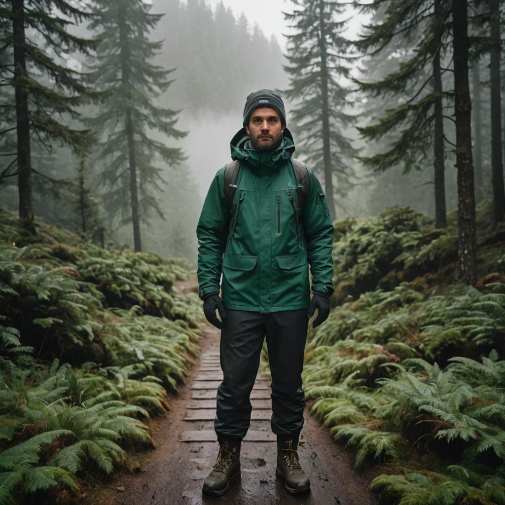 Contemplative Man on Misty Forest Path