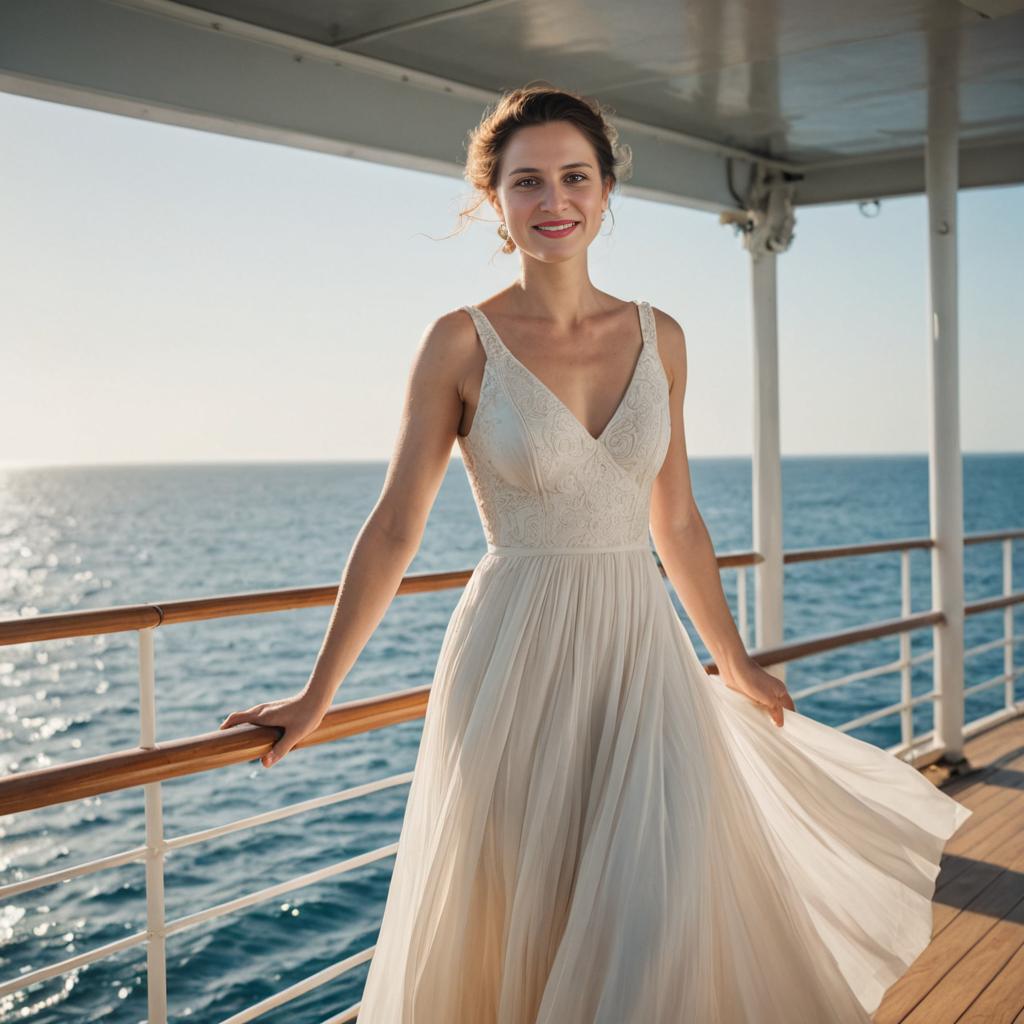 Woman in White Dress on Ship Deck