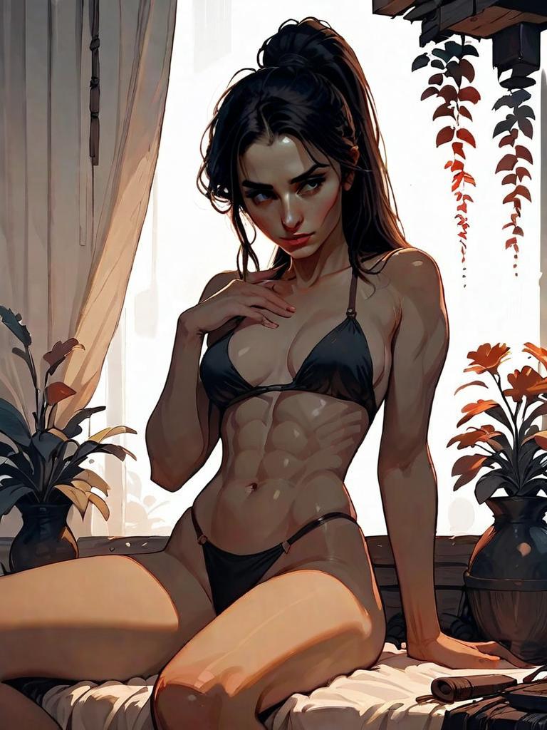 Digital Illustration of Muscular Woman in Black Bikini by Window with Plants