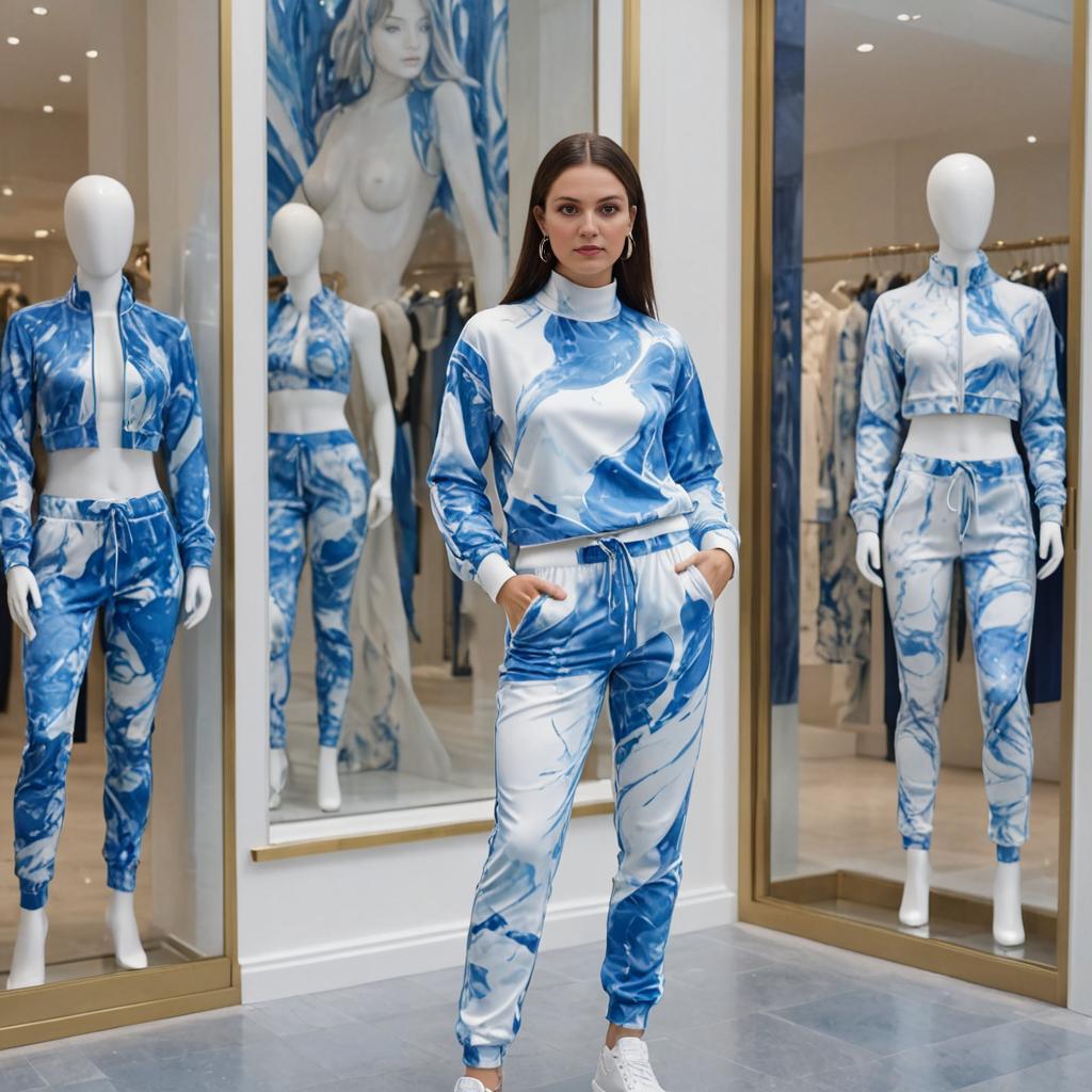 Confident Woman in Blue and White Tracksuit with Mannequin Display