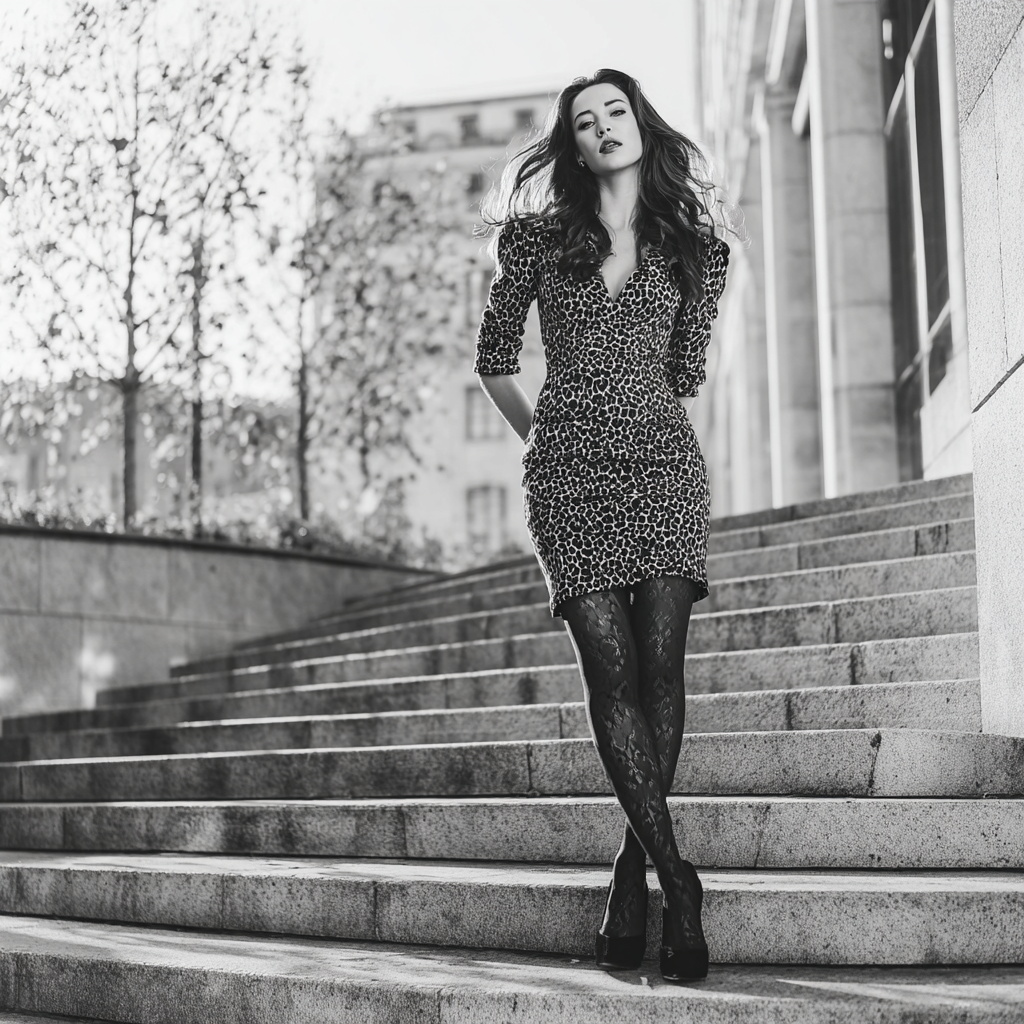 Stylish Woman in Animal Print Dress on Urban Staircase