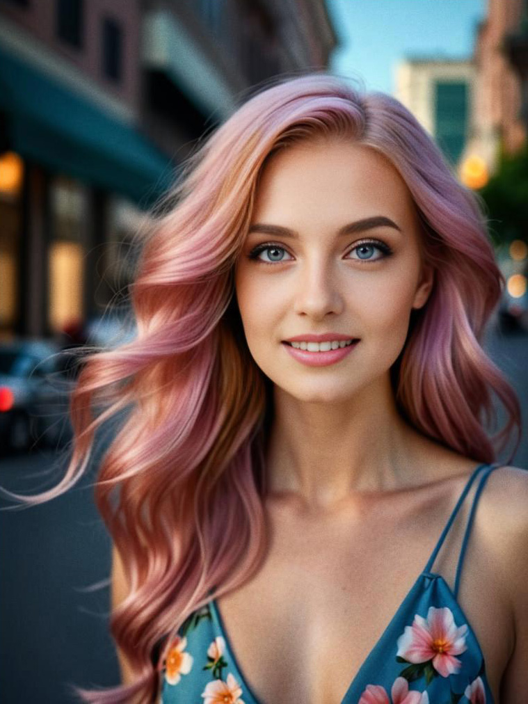 Young Woman with Pink Hair and Blue Eyes in Floral Dress