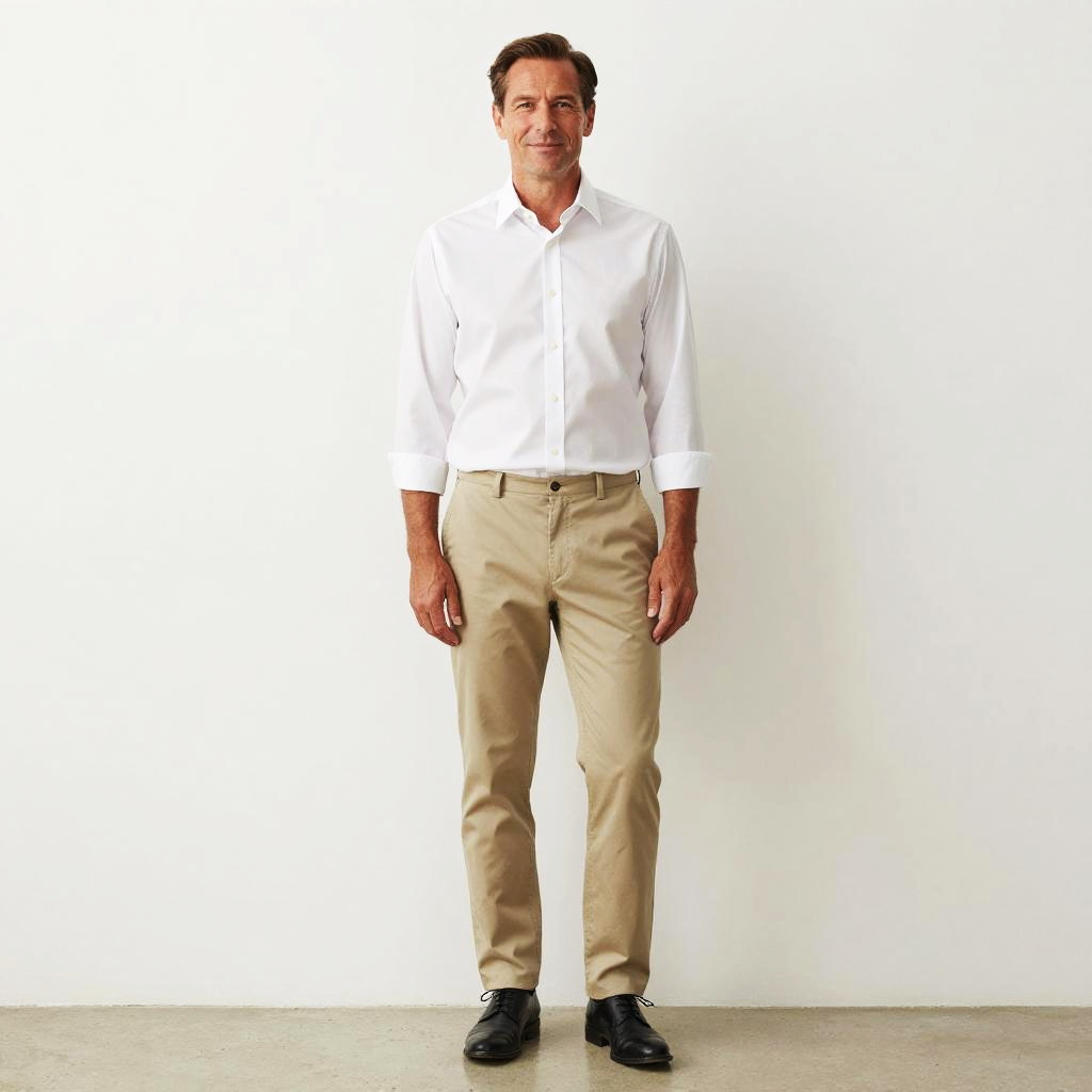 Middle-Aged Man in Smart-Casual White Shirt and Beige Chinos