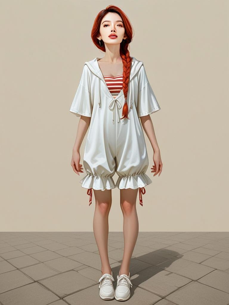 Realistic Full Body Portrait of Woman in Casual Summer Striped Outfit