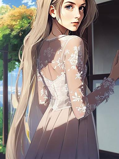 Anime Style Young Woman in Floral Lace Dress Digital Illustration