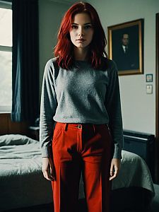 Young Woman with Red Hair in Grey Sweater and Red Pants in Moody Room