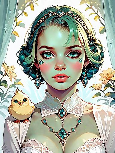 Emerald Green Elegant Woman with Bird in Realistic Digital Portrait