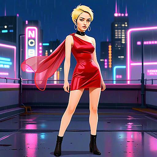 Cyberpunk Woman in Red Dress on Neon Rooftop