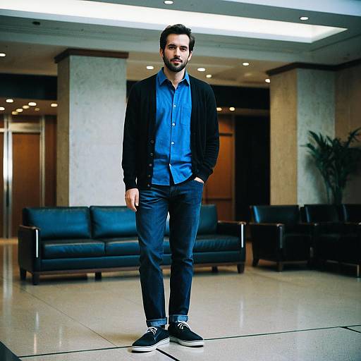 Man in Smart Casual Outfit Wearing Blue Shirt and Black Cardigan with Casual Shoes