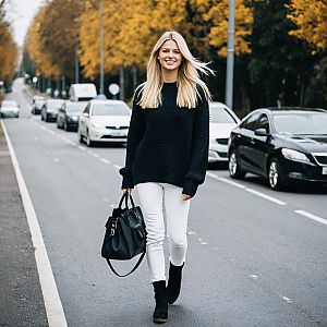 Confident Young Woman in Autumn City Street