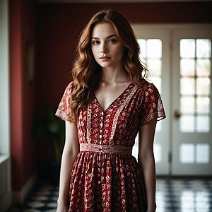 Young Woman in Vintage Floral Red Dress Indoors