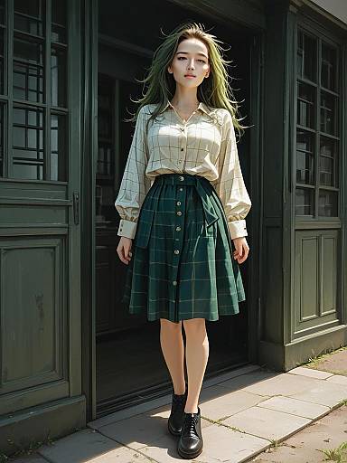 Realistic Photo of Woman in Casual Oversized Blouse and Green Plaid Skirt Full Body