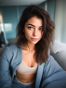 Confident Young Woman in Beige Crop Top and Blue Blazer
