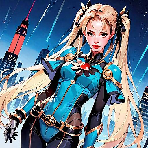Anime Style Futuristic Woman in Blue Combat Suit Against Cityscape