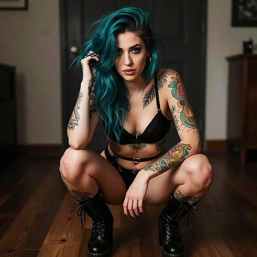 Edgy Woman with Teal Hair and Tattoos in Black Lingerie and Boots