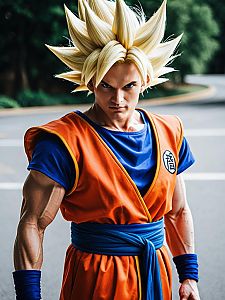 Man in Orange and Blue Cosplay Outdoors