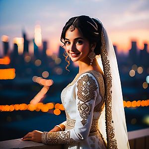 Elegant Woman in Traditional Gown Against Cityscape at Sunset