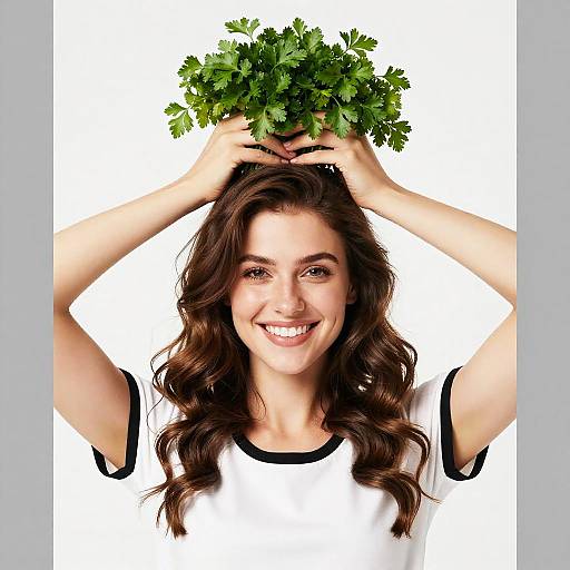 Happy Woman Holding Fresh Cilantro Above Head in Minimalist Style