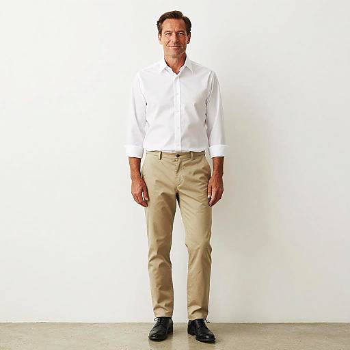 Middle-Aged Man in Smart-Casual White Shirt and Beige Chinos