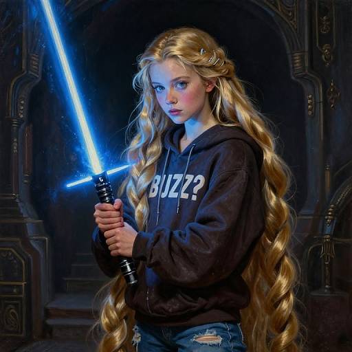Young Woman with Long Blonde Hair Holding Blue Lightsaber in Hoodie