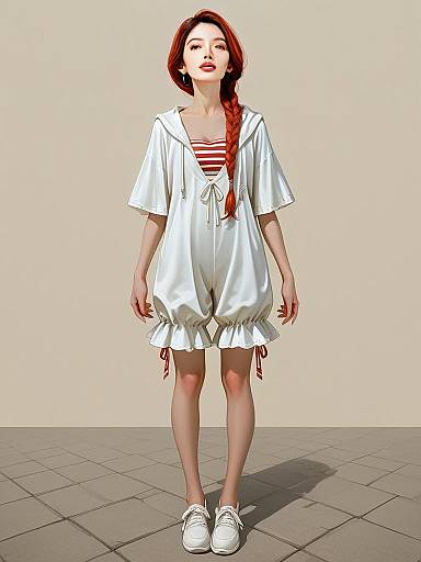 Realistic Full Body Portrait of Woman in Casual Summer Striped Outfit