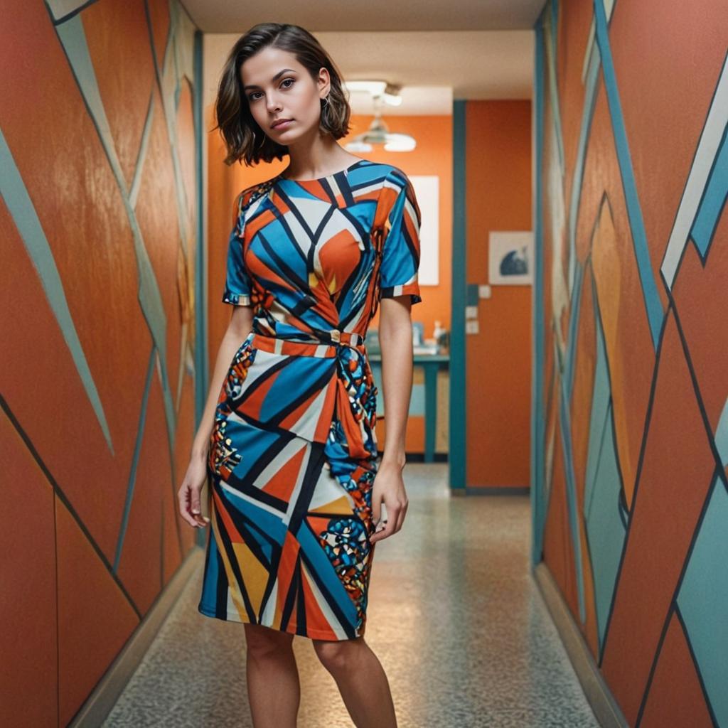 Elegant Woman in Geometric Dress in Retro Corridor