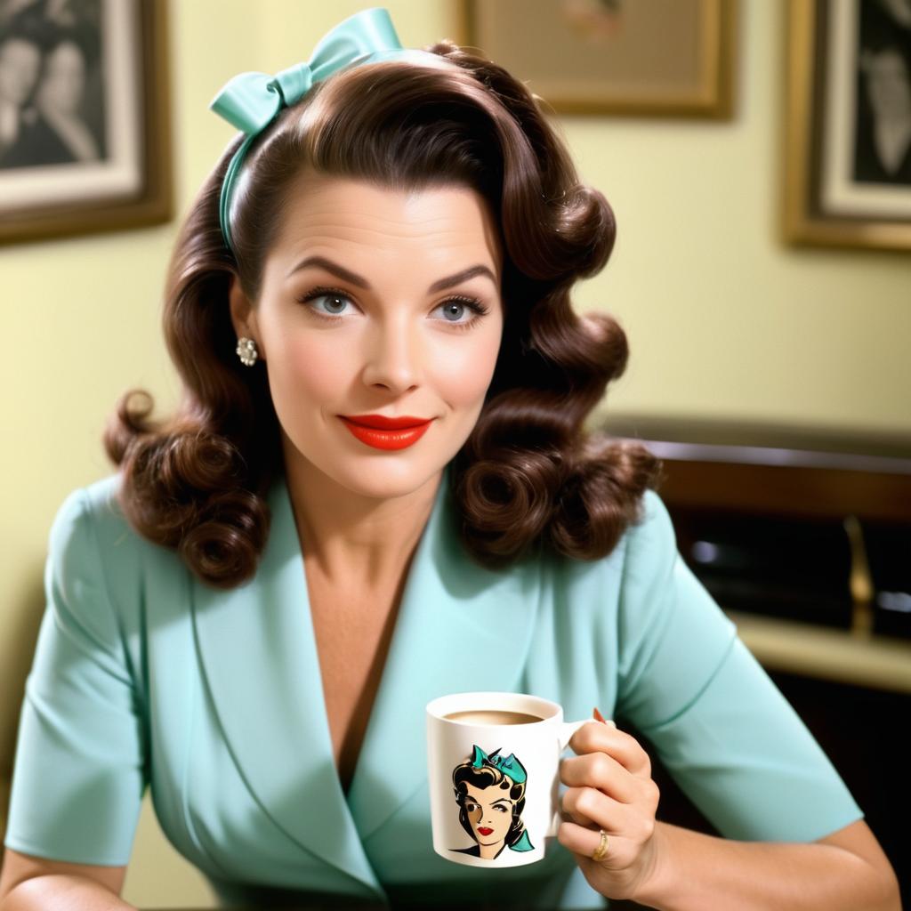 Vintage 1940s Woman in Teal Outfit with Coffee Mug