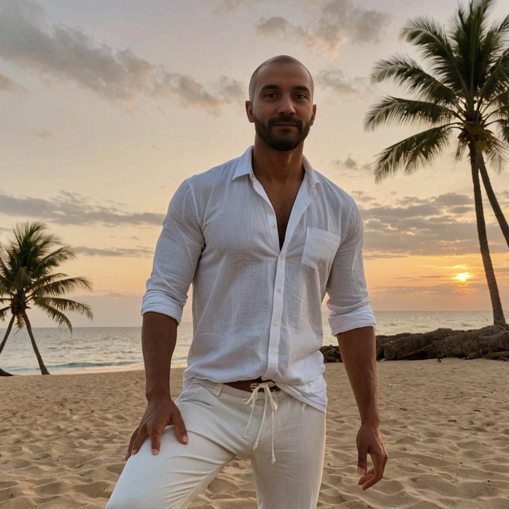 Elegant Man Contemplating at Sunset Beach