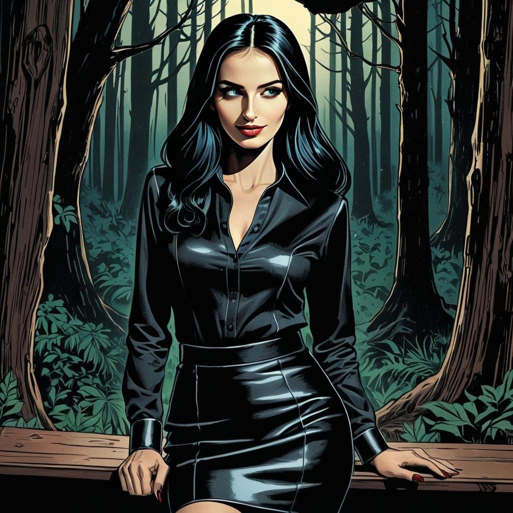Stylish Woman in Black Leather Outfit in Forest Digital Illustration