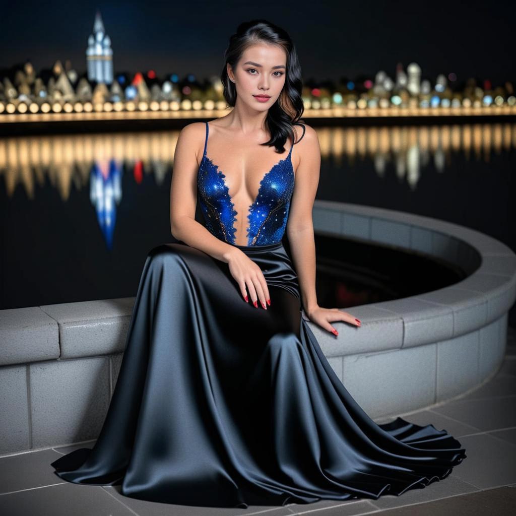 Elegant Woman in Black Gown by Water at Night