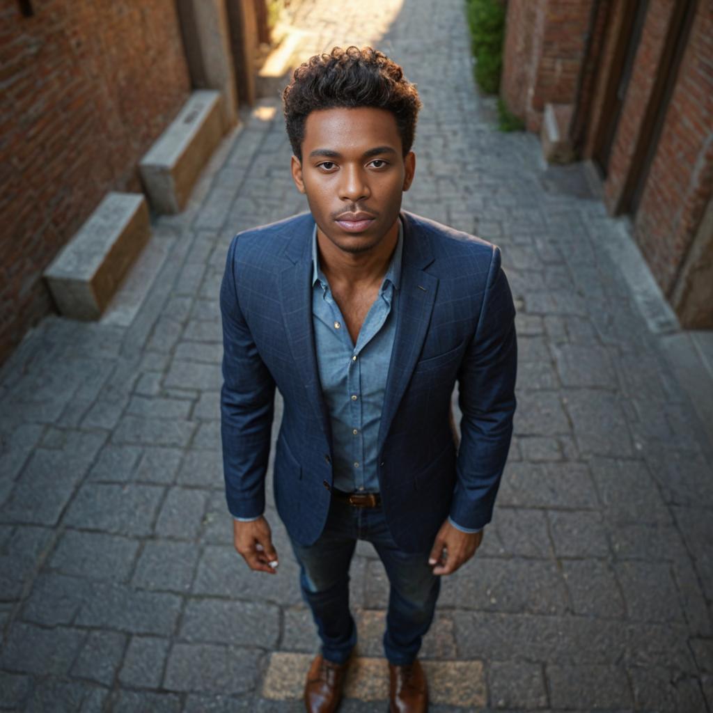 Confident Man in Blue Suit in Alleyway