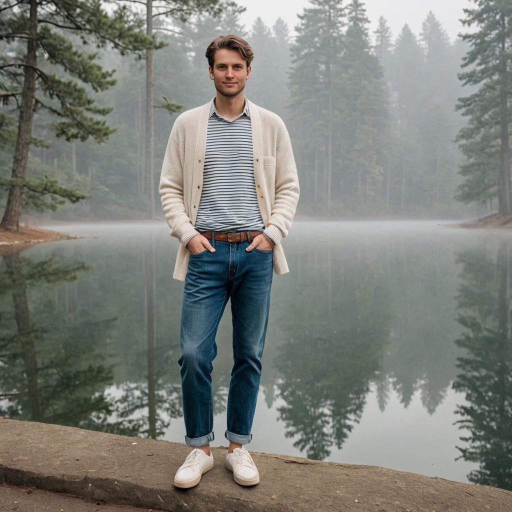 Man in Casual Pose by Foggy Lake