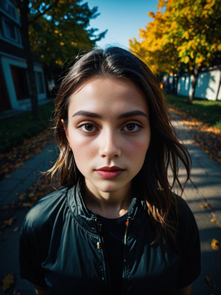 Woman in Autumn Street with Vibrant Leaves