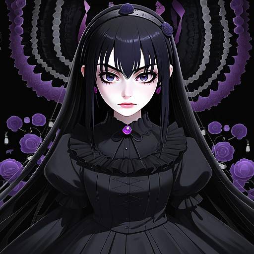 Anime Woman in Black Dress with Purple Gothic Floral Background