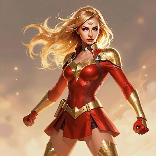 Strong Woman in Red and Gold Armor Digital Artwork